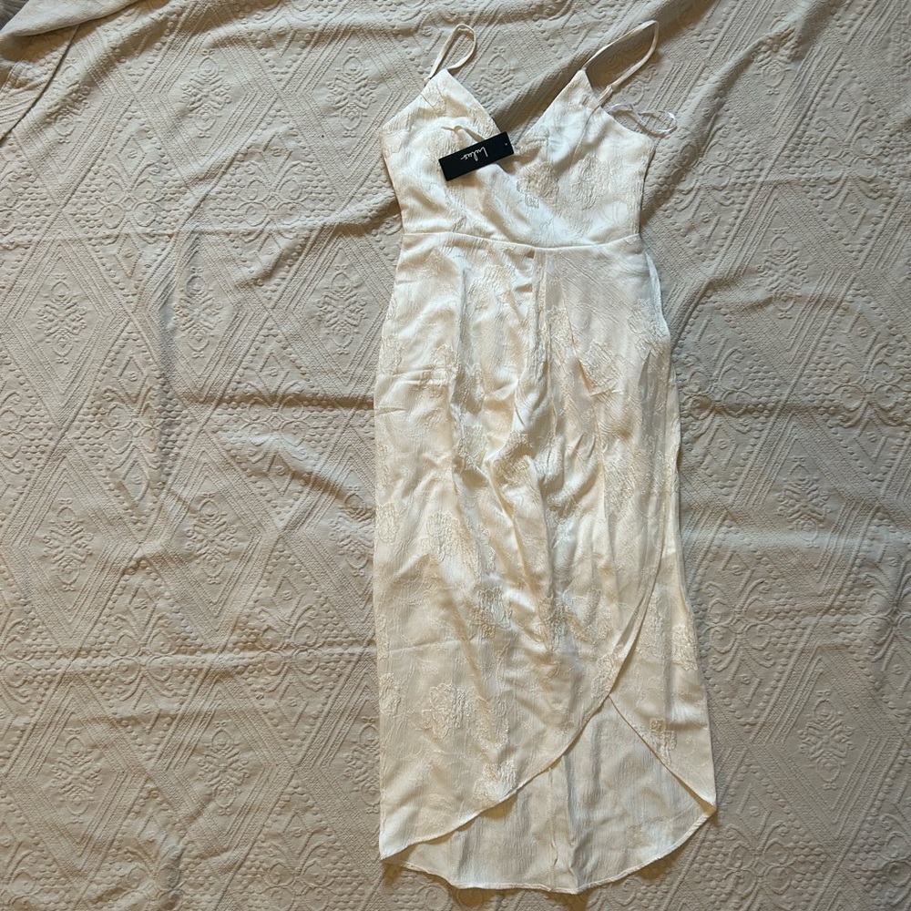 Lulu's White Satin Slip Dress with Dainty Floral Jacquard